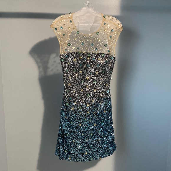 Dresses & Skirts - Open back, Size 8 dress, black with silver and blue sequins, green and gold gems